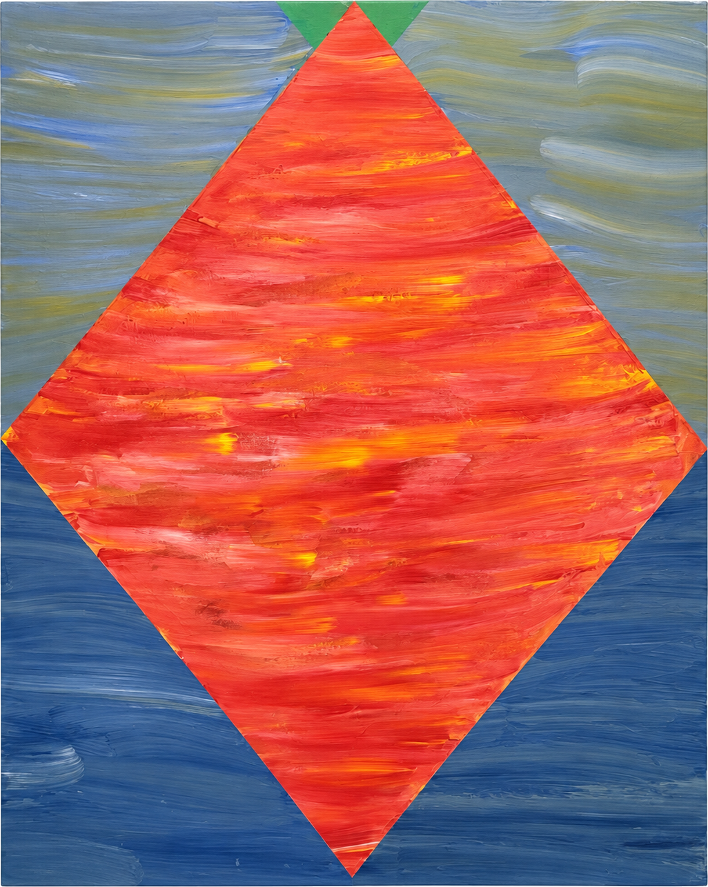 Glowing orange and red diamond over blue and sage painterly grounds by Jack Weir