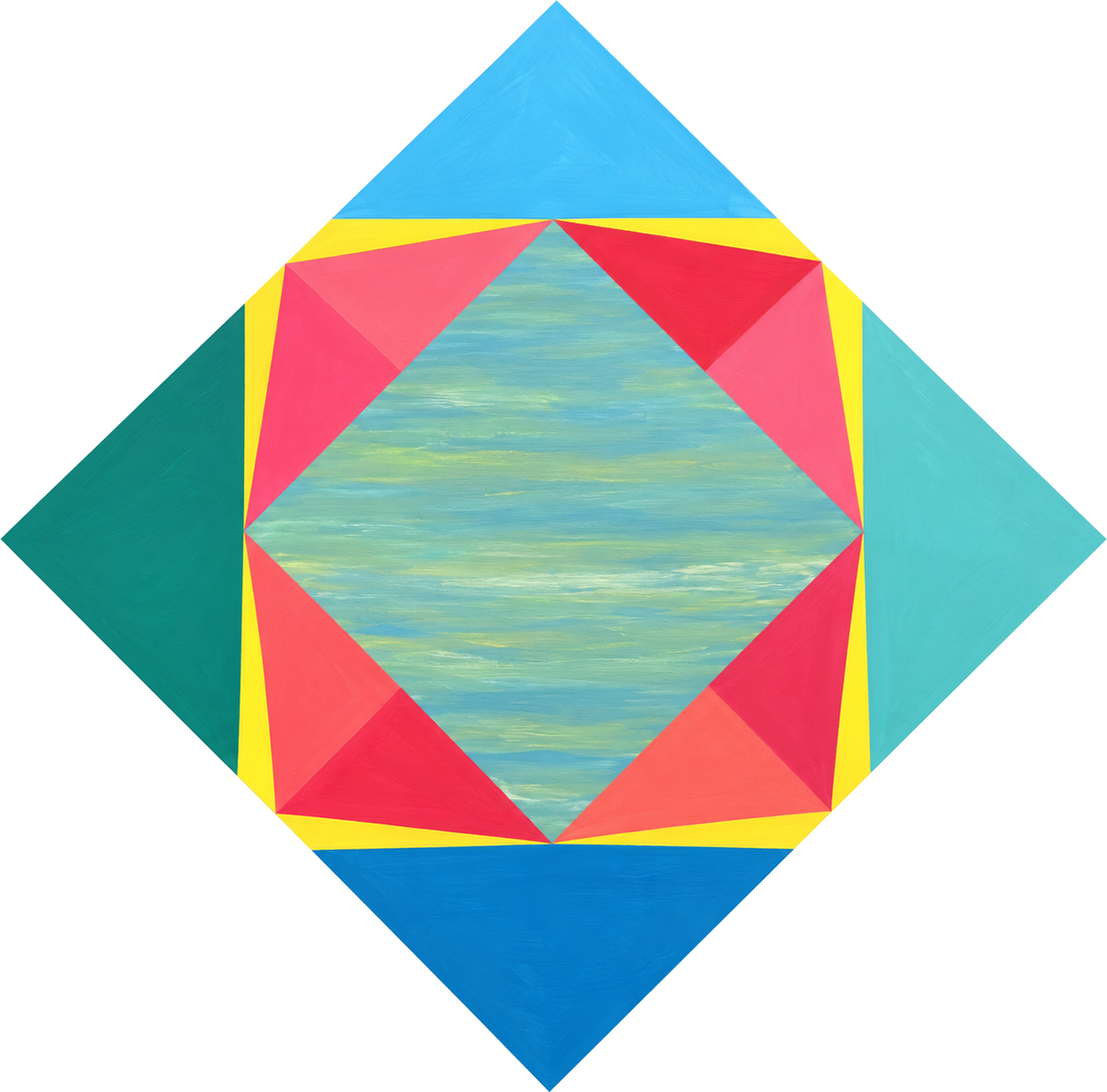 Rotated square painting with pink and red triangles framing a soft green diamond on teal and blue grounds by Jack Weir