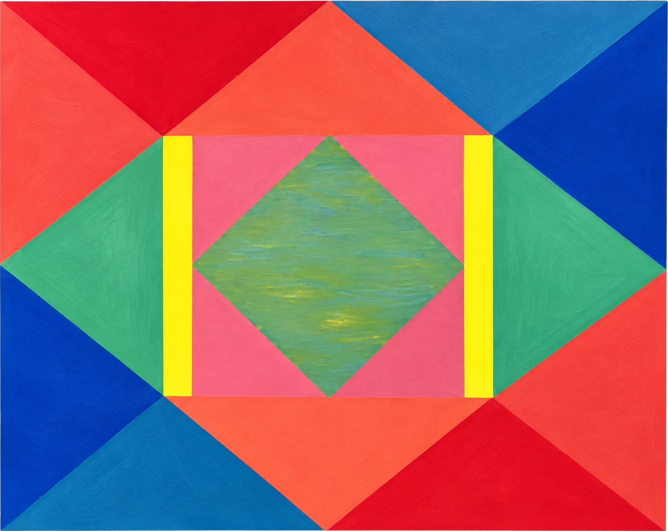 Bold geometric painting with red, blue, and green triangles around a green diamond with yellow bars by Jack Weir