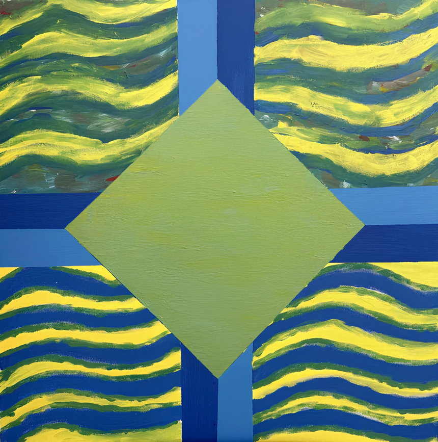 Green diamond centered over blue crossbars and wavy yellow-and-blue patterned quadrants by Jack Weir