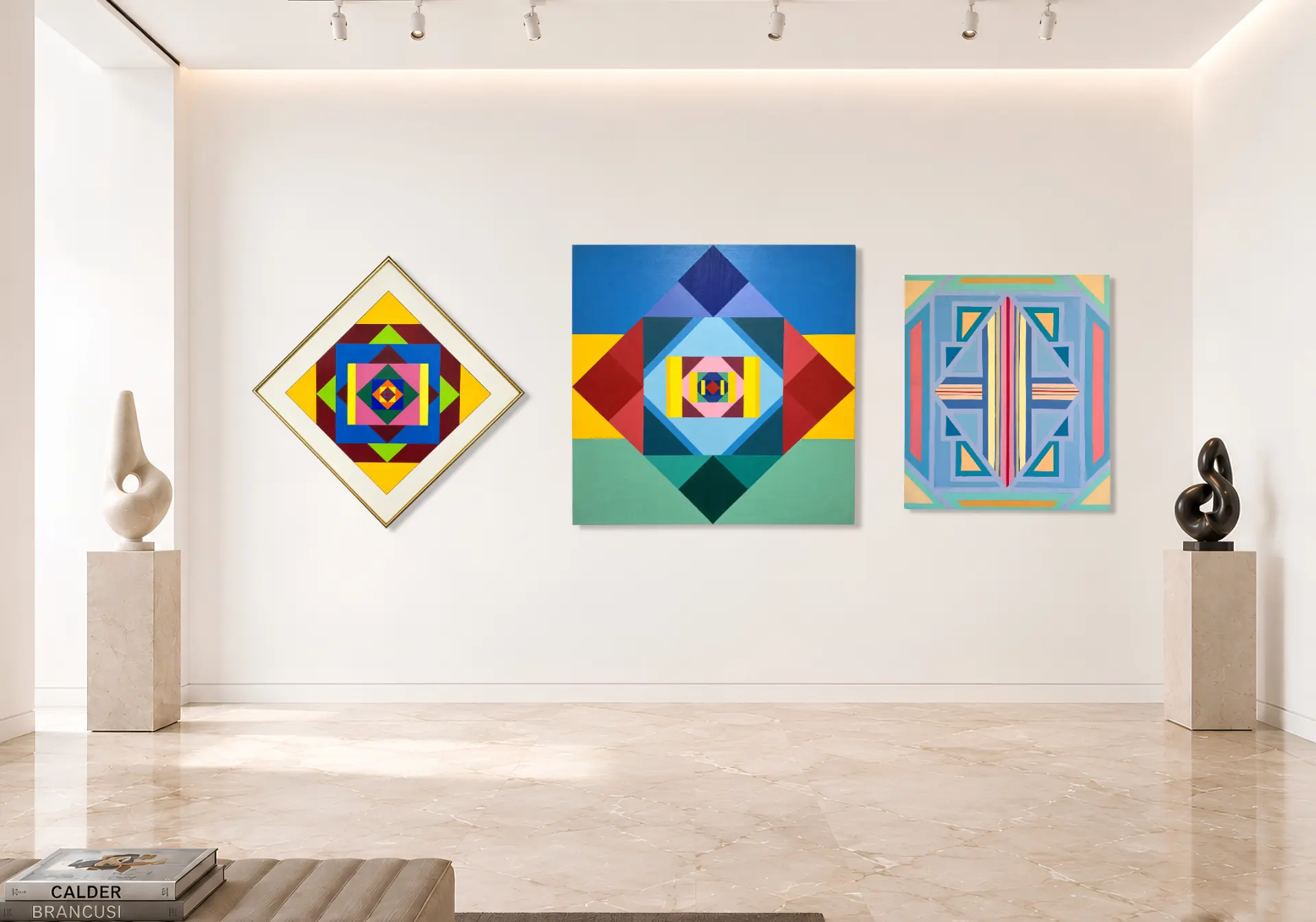 A gallery room with three Jack Weir geometric paintings hung above a bench