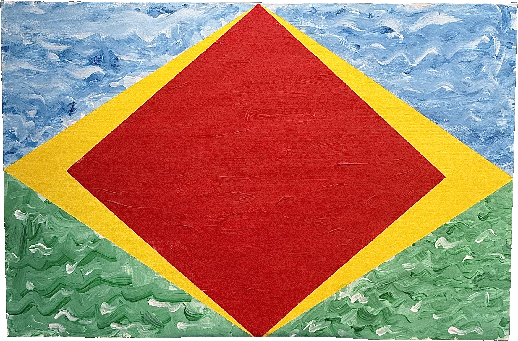 Large red diamond with yellow border over painterly blue sky and green field by Jack Weir