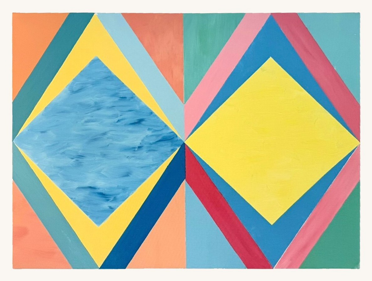 Diptych of mirrored diamonds, one blue and one yellow, layered with pastel coral, pink, and teal chevrons by Jack Weir