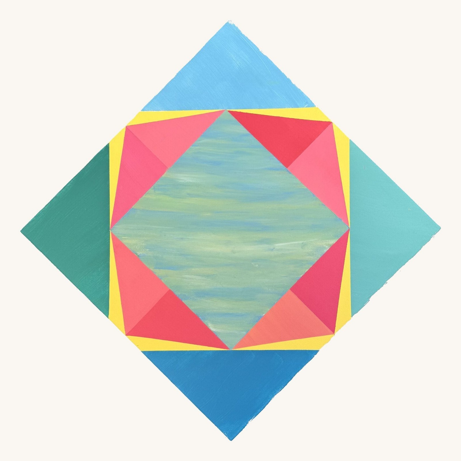 Rotated square painting with pink and red triangles framing a soft green diamond on teal and blue grounds by Jack Weir