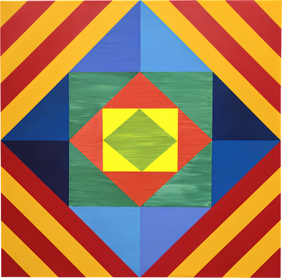 Intricate quilt-like geometric painting with nested squares and diagonal red and yellow stripes by Jack Weir