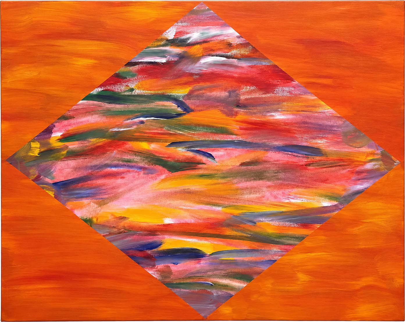 Pastel sunset diamond of swirled pink, green, and violet brushwork on a burnt orange ground by Jack Weir