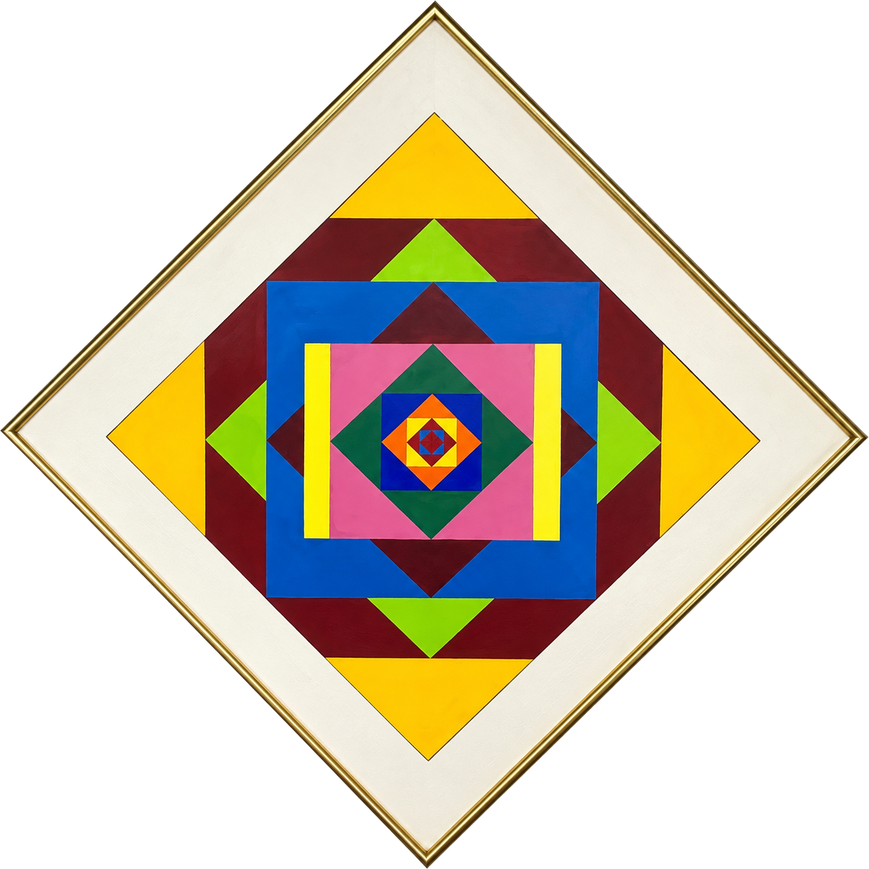 Framed geometric abstract painting with nested diamonds in yellow, blue, green, and burgundy by Jack Weir