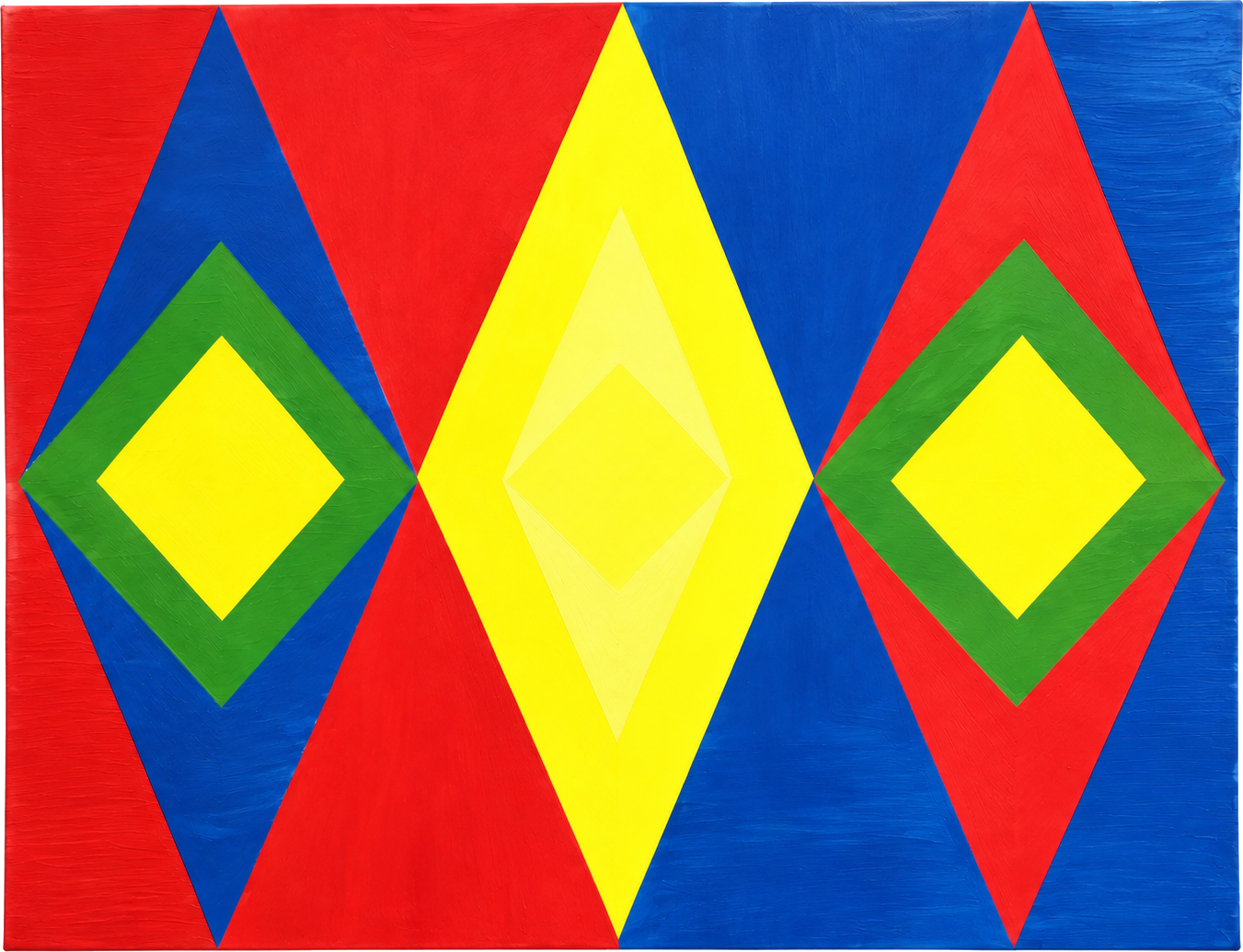 Bold primary-colored painting with rows of red, yellow, and green nested diamonds by Jack Weir