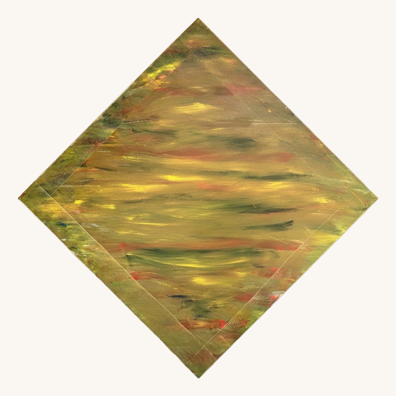 Contained Motion — diamond-format abstract acrylic painting in gold, green, and red by Jack Weir