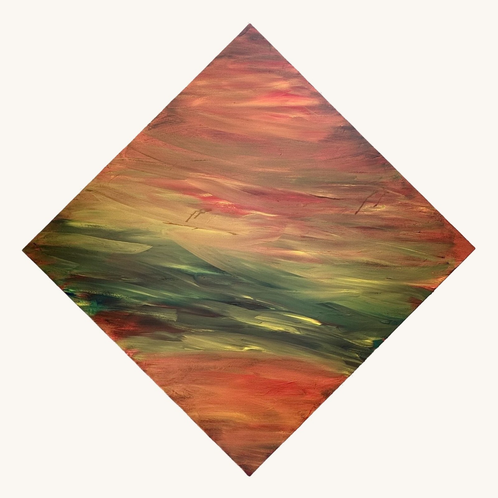 Rotated square painting of a glowing pink sunset over green hills with blended brushwork by Jack Weir