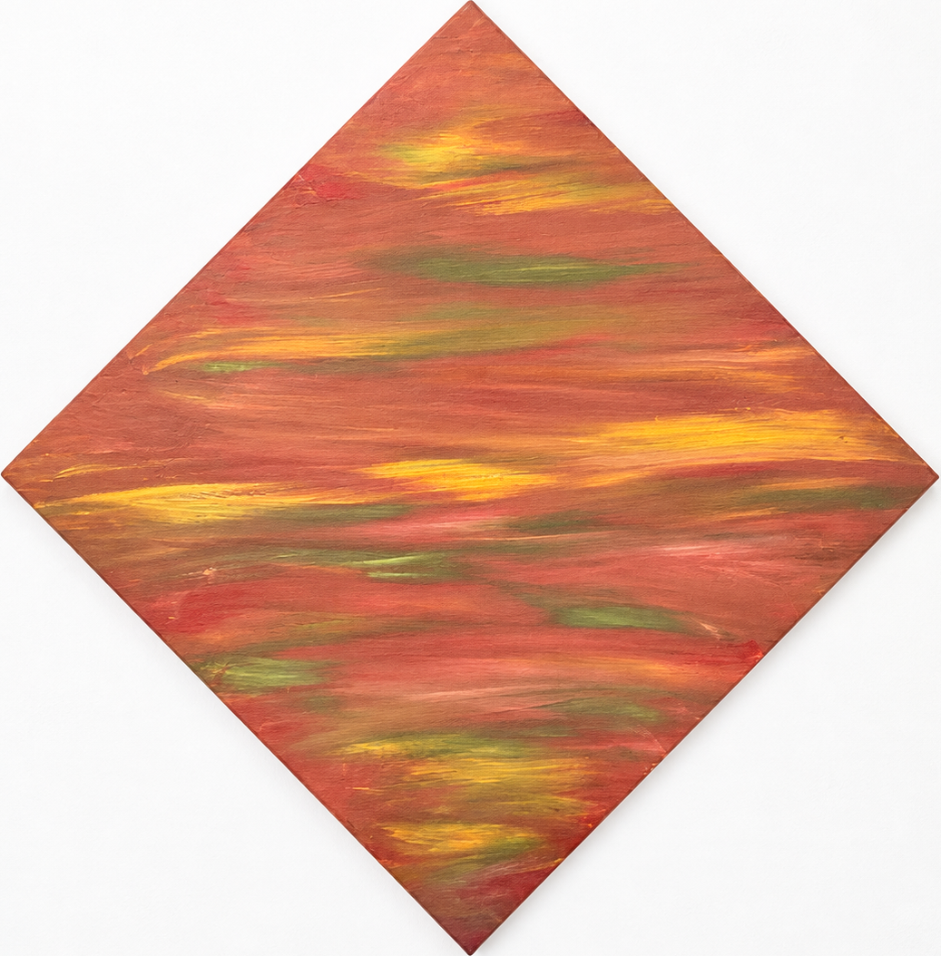 Soft coral and gold diamond canvas with green and peach horizontal brush sweeps by Jack Weir