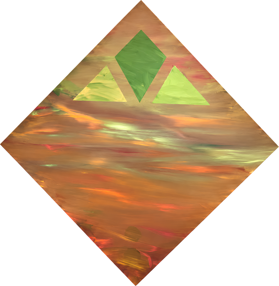 Mystery — abstract painting with three green triangular forms above an orange field