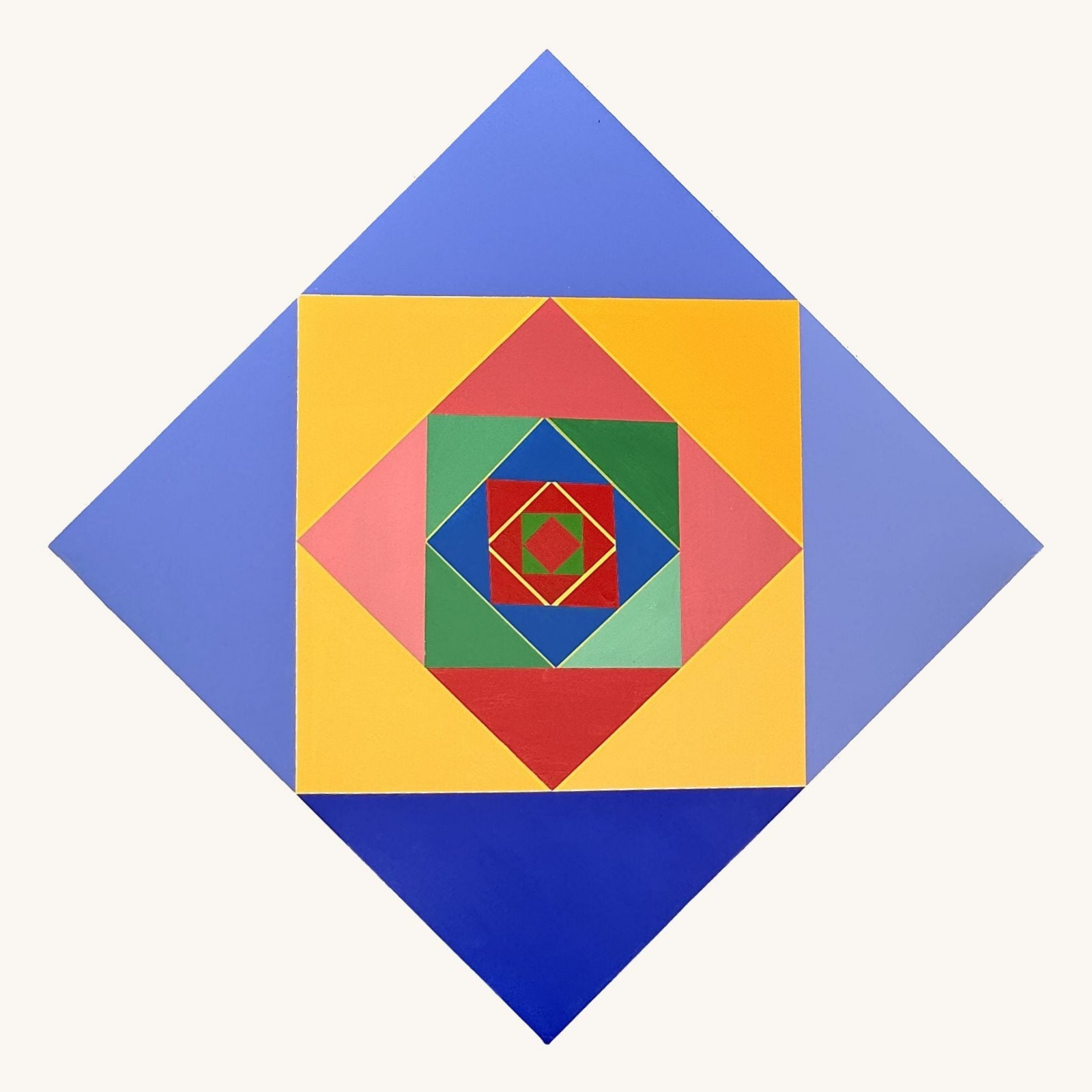 Intricate nested diamond painting in blue, yellow, red, and green radiating from a small central square by Jack Weir