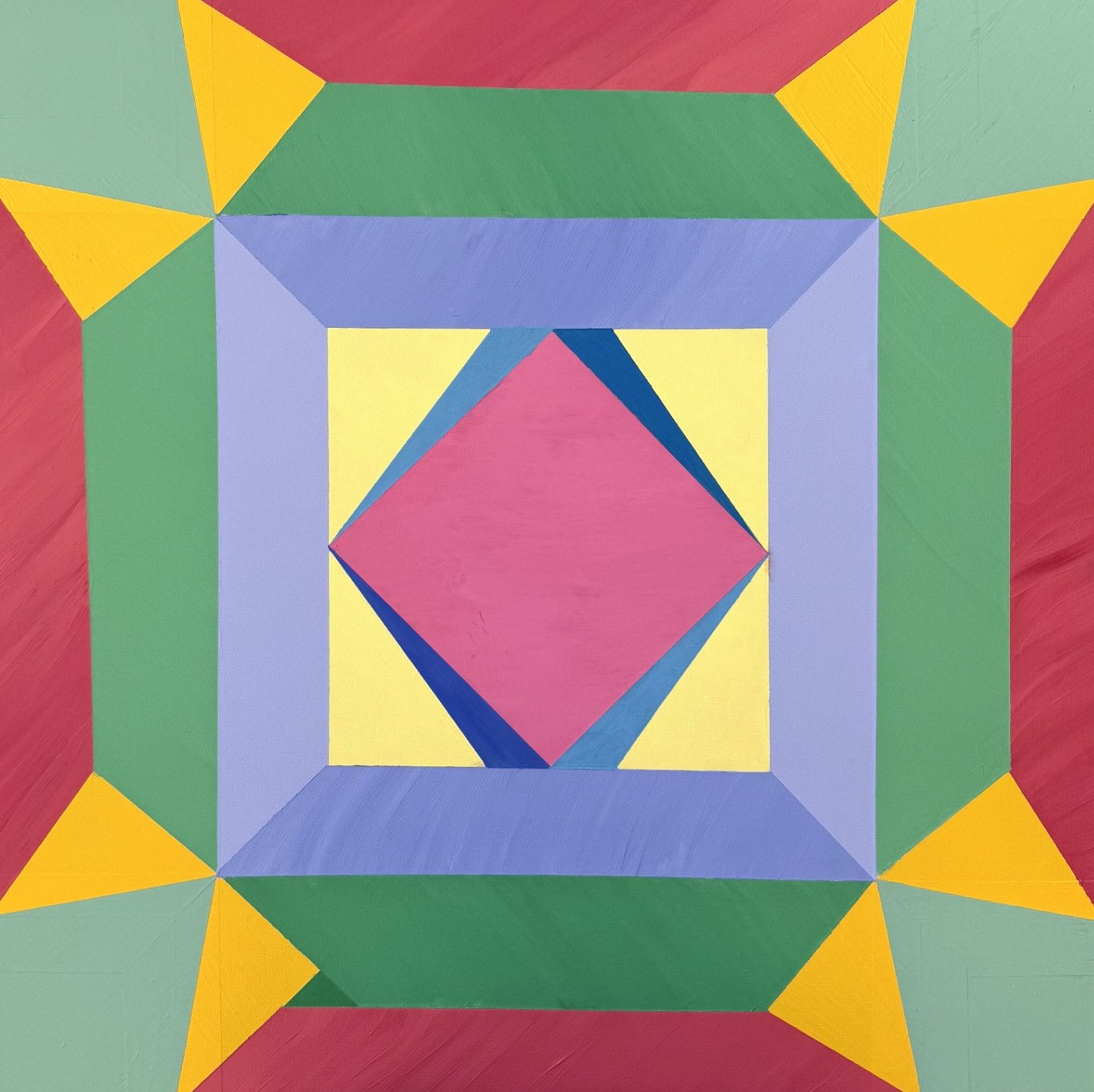 Symmetrical quilt-like geometric painting with a rose-pink central diamond by Jack Weir
